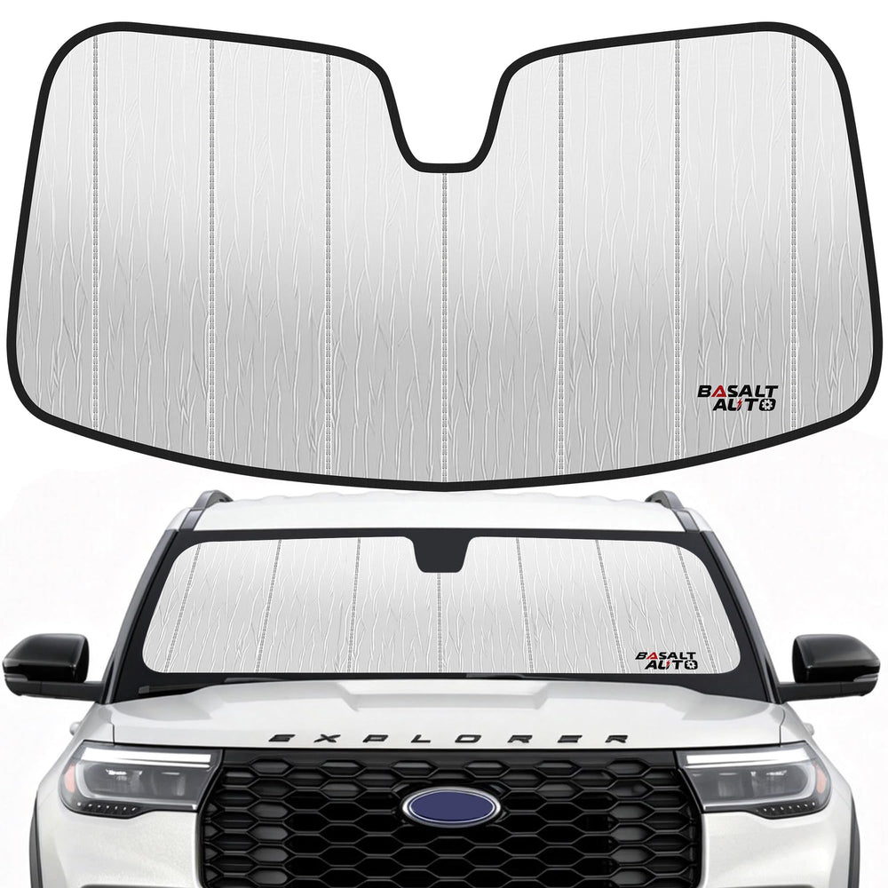 BasaltAuto front view of sun shade showing precise Explorer fit and full coverage