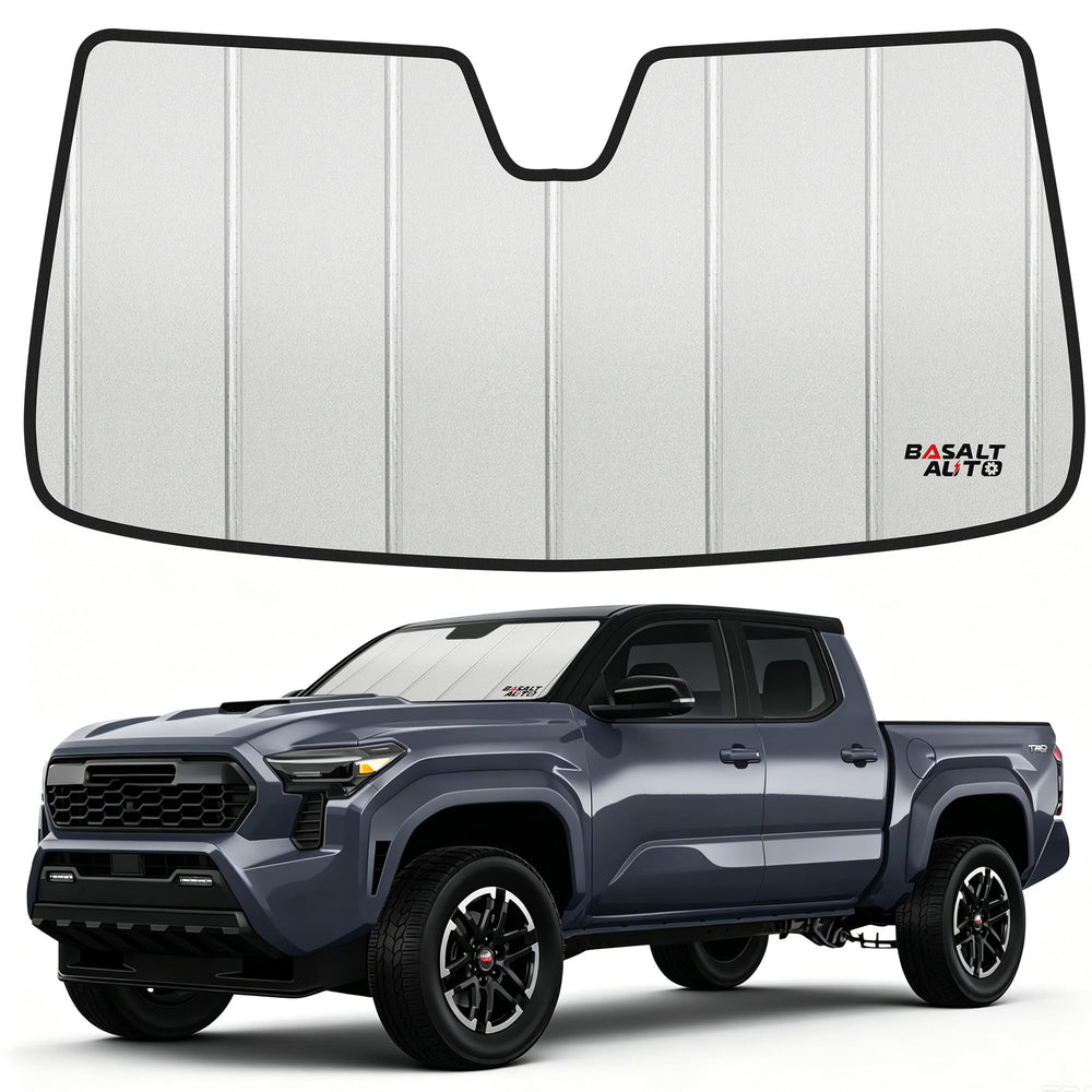 BasaltAuto front view of custom-fit shade on windshield showing full coverage