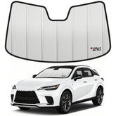 BasaltAuto front view of packaged windshield shade showing model fit and benefits