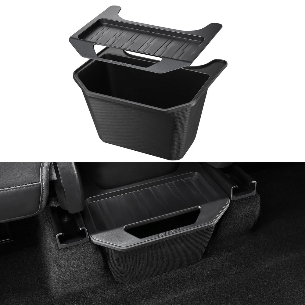 BASENOR front view of Model Y rear organizer showing compact tidy storage benefit
