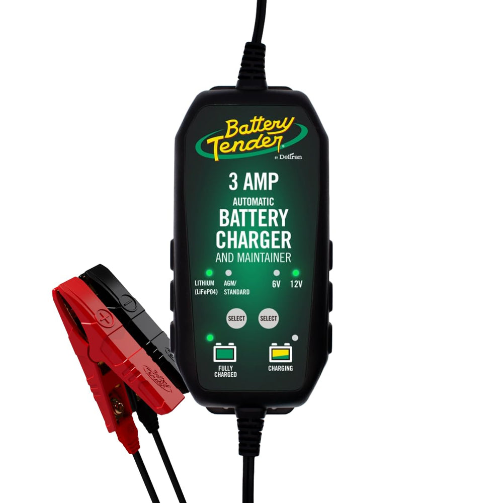 Battery Tender front view showing compact charger and housing, brand clarity and space-saving benefit