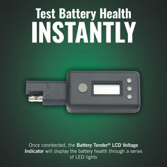 Battery Tender LED indicator detail showing green yellow red lights for quick battery status