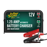 Battery Tender front view showing compact charger and branding for reliable charging