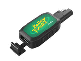 Battery Tender front view of quick-disconnect USB adapter showing connector and branding, ensures reliable charging