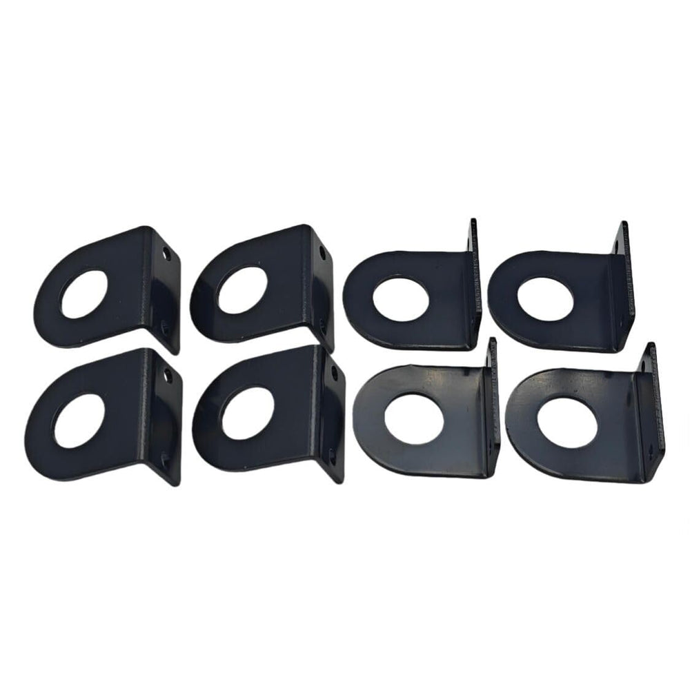 BBMTA front view of eight powder-coated brackets showing organized pack and durable finish