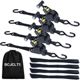 BCJCLTS front packaging showing four retractable ratchet straps and storage bag for organized transport