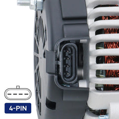 BDELI alternator rear connector detail showing plug and heavy-duty terminal benefit