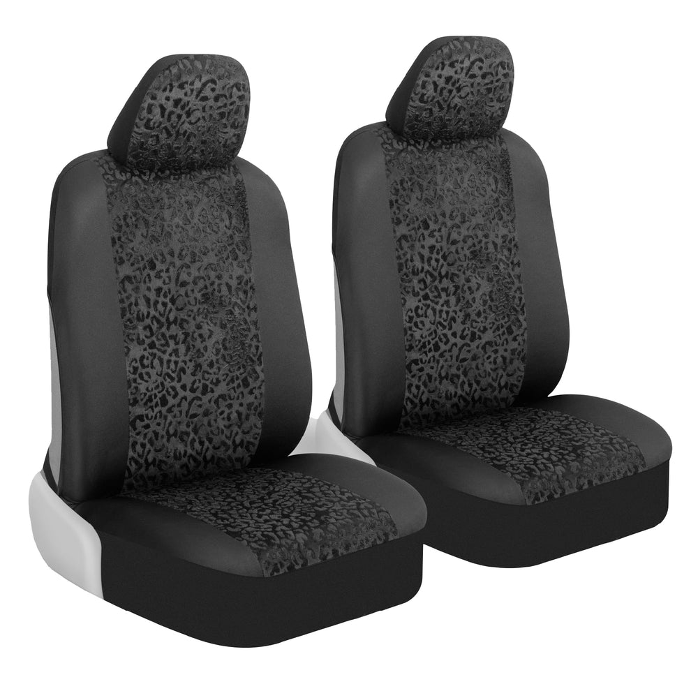 BDK front view seat covers showing bold leopard print and quick upgrade benefit