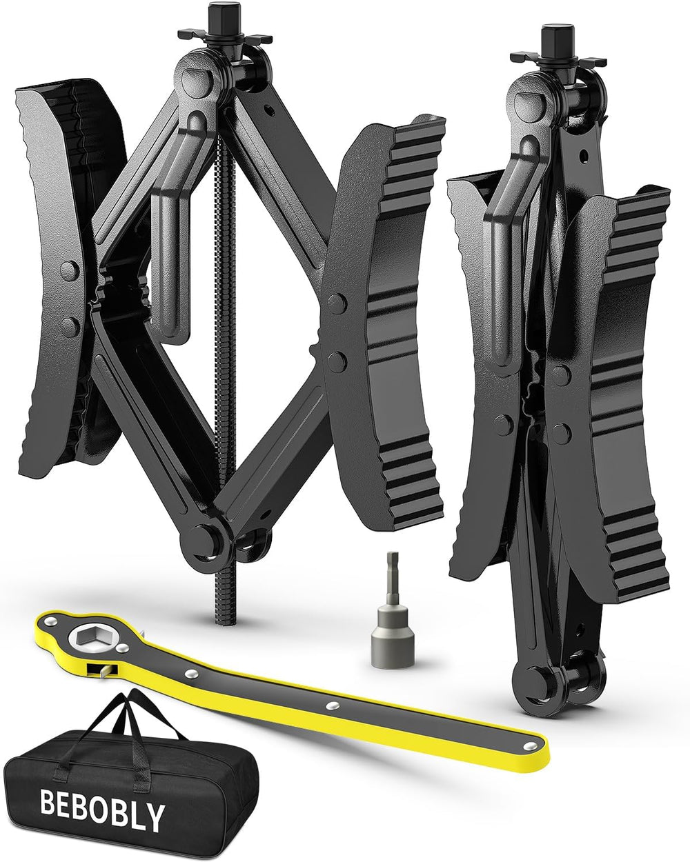 BEBOBLY front packaging showing two X chocks and tools for secure transport and setup
