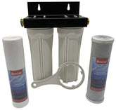 Beech Lane front view of dual-stage RV filter showing rugged housing and bracket, ensures reliable protection