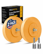 Belinova front view of two 4-inch eraser wheels showing included adapter and benefits