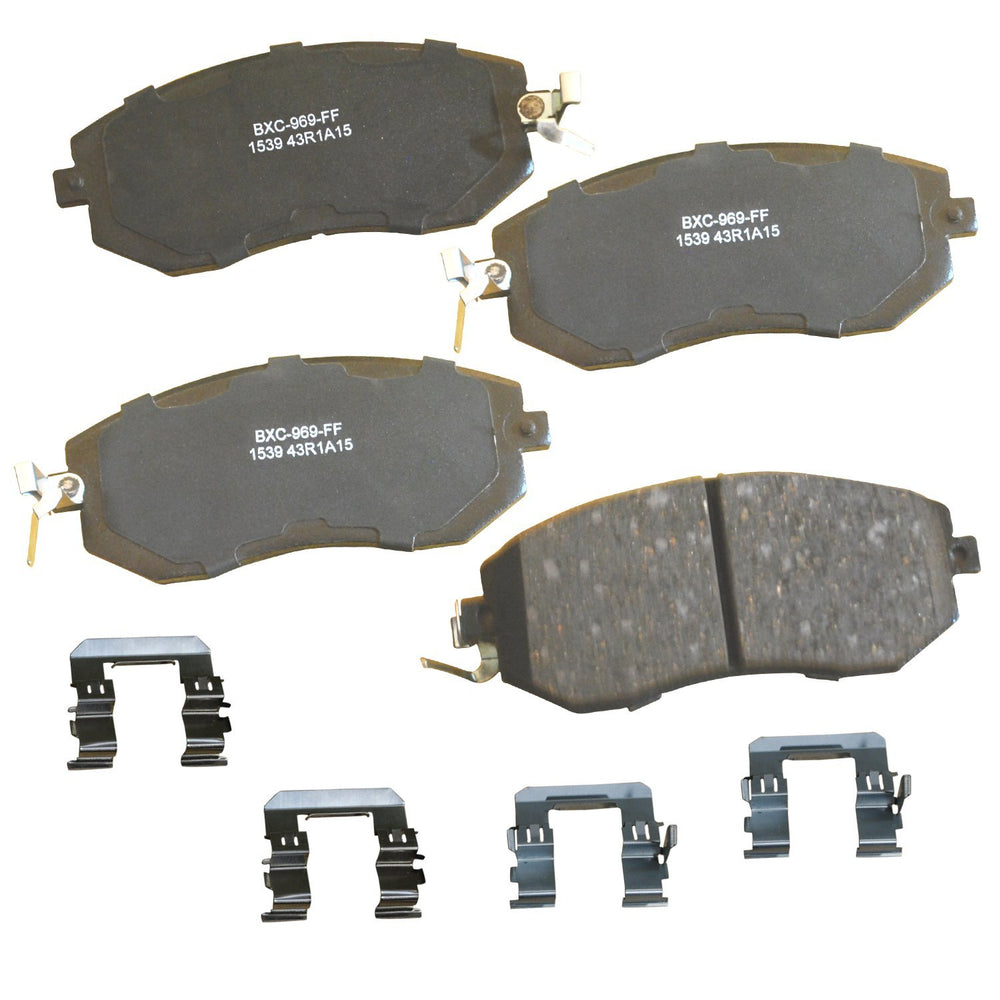 Bendix front pad packaging showing SBC1539 and included hardware benefits noise reduction