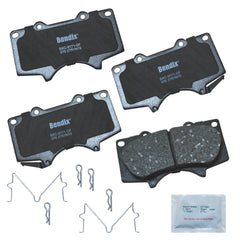 Bendix front brake pad set in packaging showing OE fit benefit