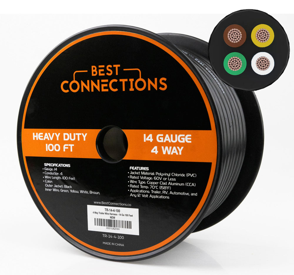 BEST CONNECTIONS front packaging of 100ft 14/4 cable showing product label and length benefit