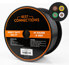 BEST CONNECTIONS front packaging of 100ft 14/4 cable showing product label and length benefit
