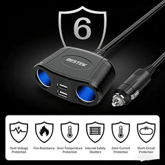 BESTEK device powering two cigarette sockets and USB plugged devices for simultaneous use