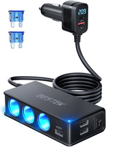 BESTEK front panel showing three cigarette sockets and power switch for flexible charging