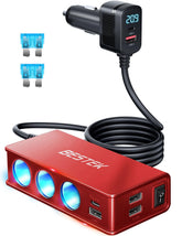 BESTEK front view showing three sockets and USB ports for versatile charging