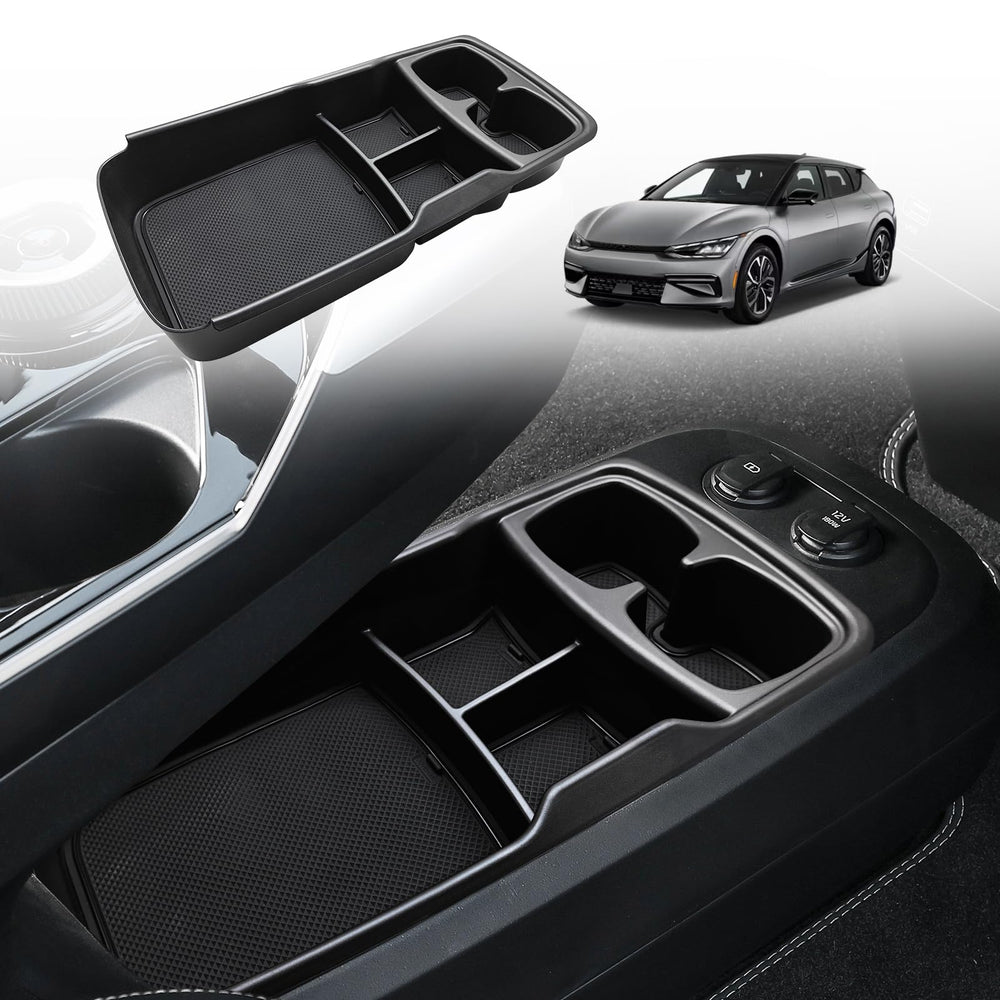 BestEvMod front view of lower console organizer showing tidy compartments and fit