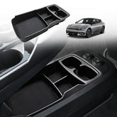 BestEvMod front view of lower console organizer showing tidy compartments and fit