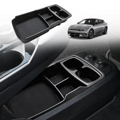 BestEvMod front view of lower console organizer showing tidy compartments and fit