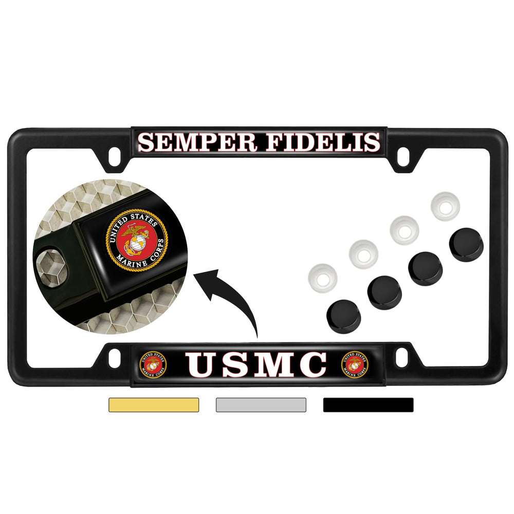 BestLicensePlateFrames USMC front view showing bold Semper Fidelis and durable finish