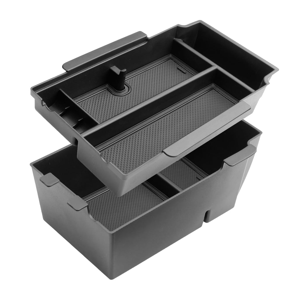 BIBIBO front view of both console organizer trays showing fit and neat storage benefit