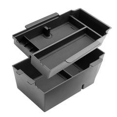 BIBIBO front view of both console organizer trays showing fit and neat storage benefit