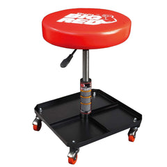 Big RED front view of mechanic stool showing padded seat and tray for comfortable work