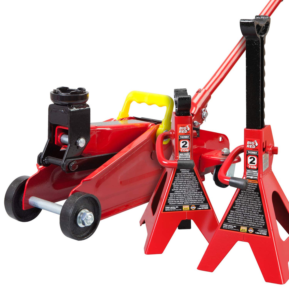 BIG RED front view of floor jack combo showing durable steel body and capacity