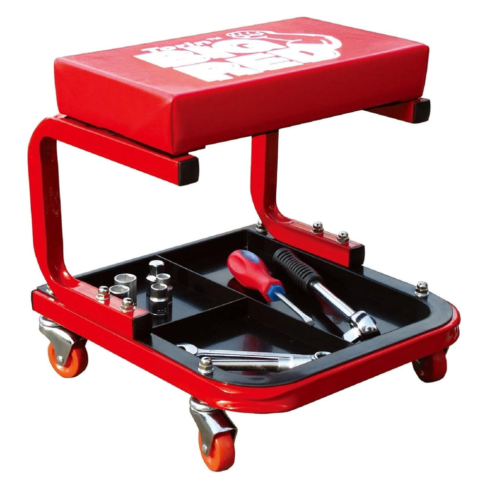 BIG RED front view of rolling creeper seat showing stable frame and seat comfort