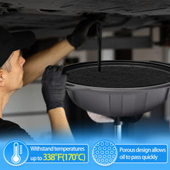Bigmeta pad placed inside a 5-gallon drain pan demonstrating secure fit and splash protection