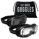 Bikershades front view showing full-frame goggles protecting glasses comfortably