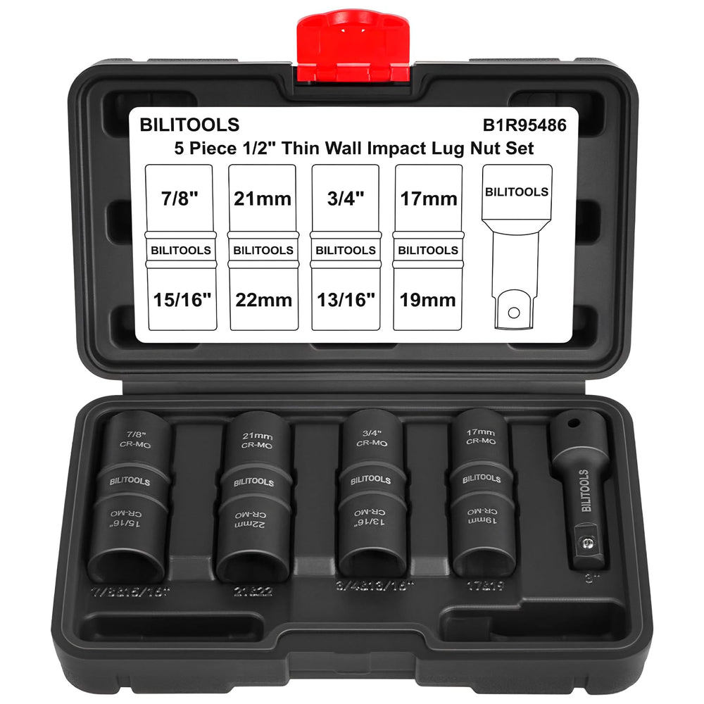 BILITOOLS front packaging showing the 5pc flip lug nut socket set and case for easy storage