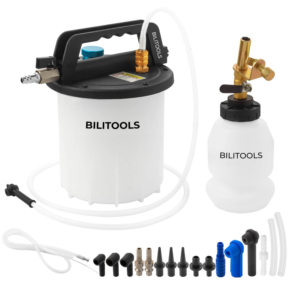 BILITOOLS front view of 3L brake bleeder showing tank and fittings for easier single-person bleeding