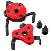 BILITOOLS front view of adjustable 3-jaw oil filter wrench set showing full kit and drives for versatile use
