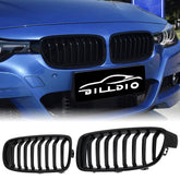 BILLDIO front view of gloss-black F30 grilles showing refreshed bumper look