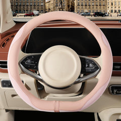 Binsheo pink D-shaped steering wheel cover front view showing fit and color benefit grip