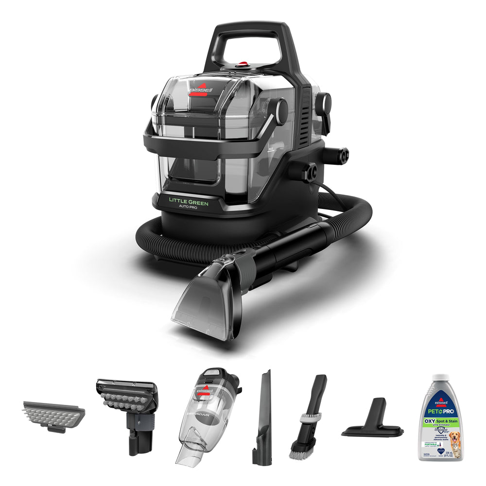 BISSELL Little Green front view showing compact cleaner and benefits for detailed auto cleaning