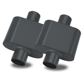 BLACKHORSE-RACING front view of both mufflers showing compact performance design and fit