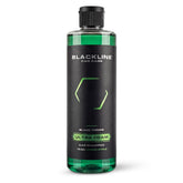 Blackline bottle front view showing 16oz green apple shampoo and easy pouring benefit