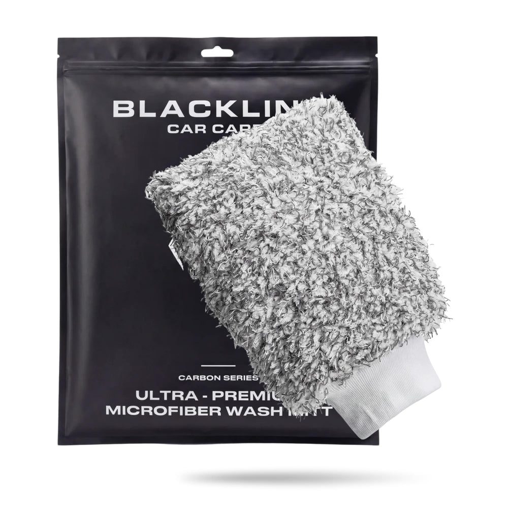 Blackline front view of mitt showing plush pile and shape for gentle washing