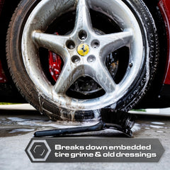Blackline brush scrubbing a tire removing road grime for improved appearance