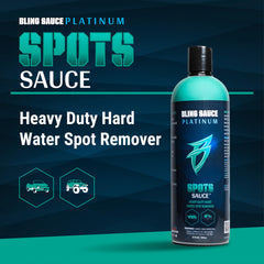 Bling Sauce close-up on product removing mineral spot, shows effective action