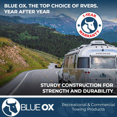 Blue Ox pins installed on a tow bar demonstrating fast clip-free attachment