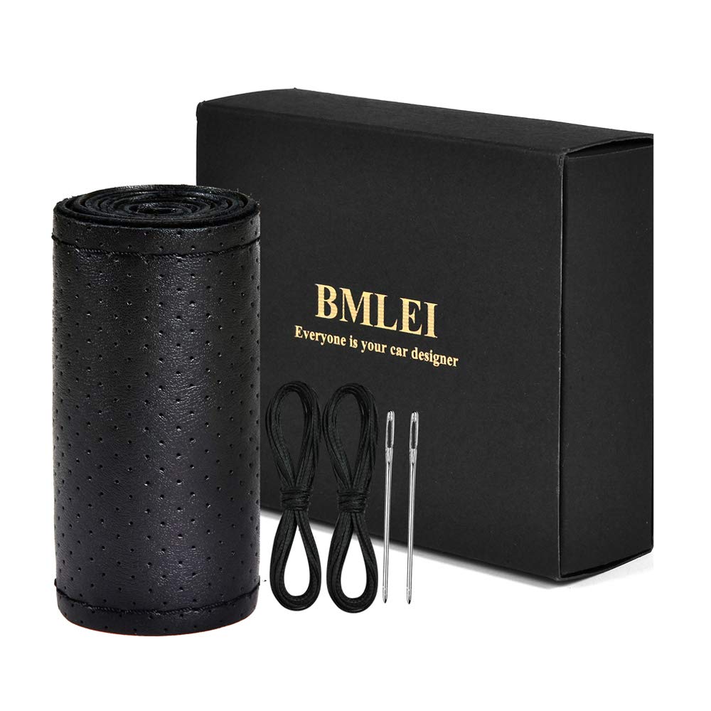 BMLEI front view of steering wheel cover showing packaging and logo, highlights quality