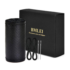BMLEI front view of steering wheel cover showing packaging and logo, highlights quality