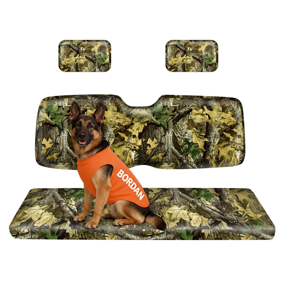 BORDAN front seat camo kit displayed, shows complete 4-piece set for easy replacement