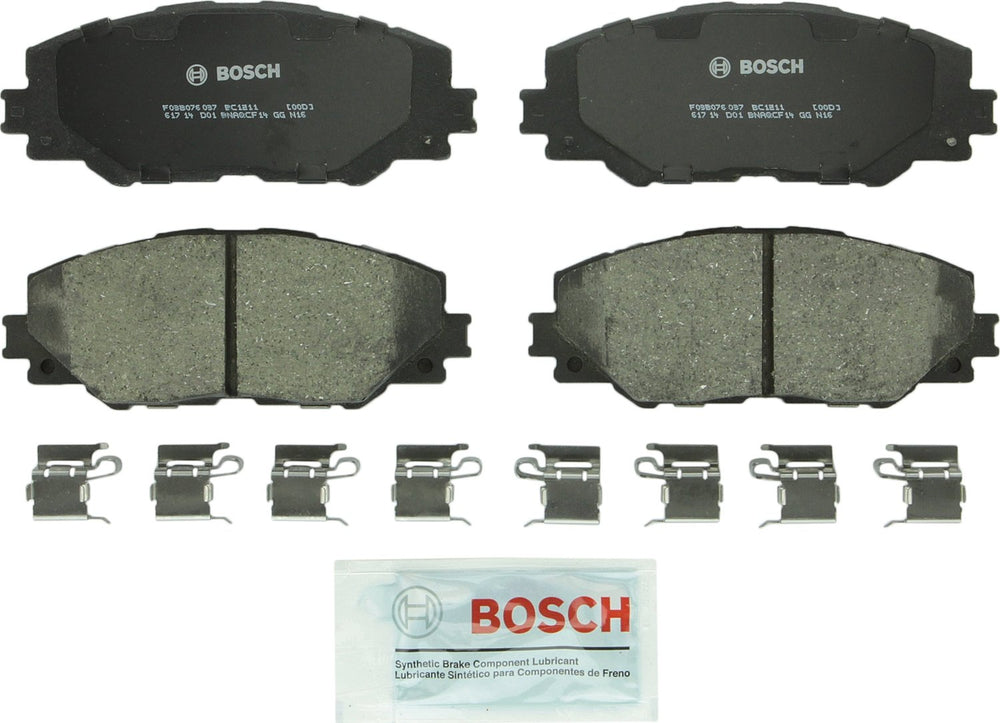 Bosch BC1211 front pads packed with hardware showing easy installation benefit