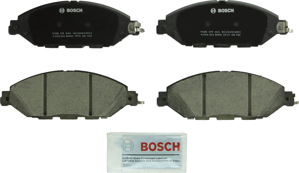 Bosch BC1649 front packaging showing full pad set and hardware, Bosch reliable replacement